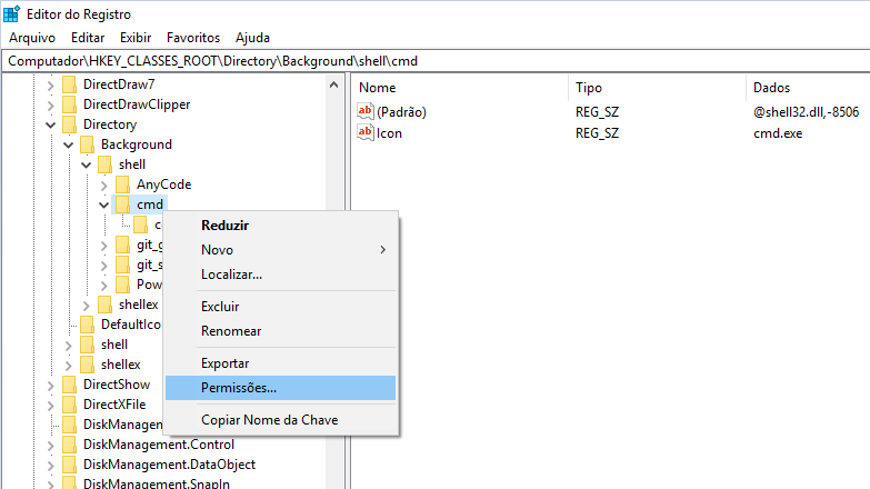 Apresentar 'Abrir janela de Comando aqui' no Explorer do Windows 10 e  executar como Administrador